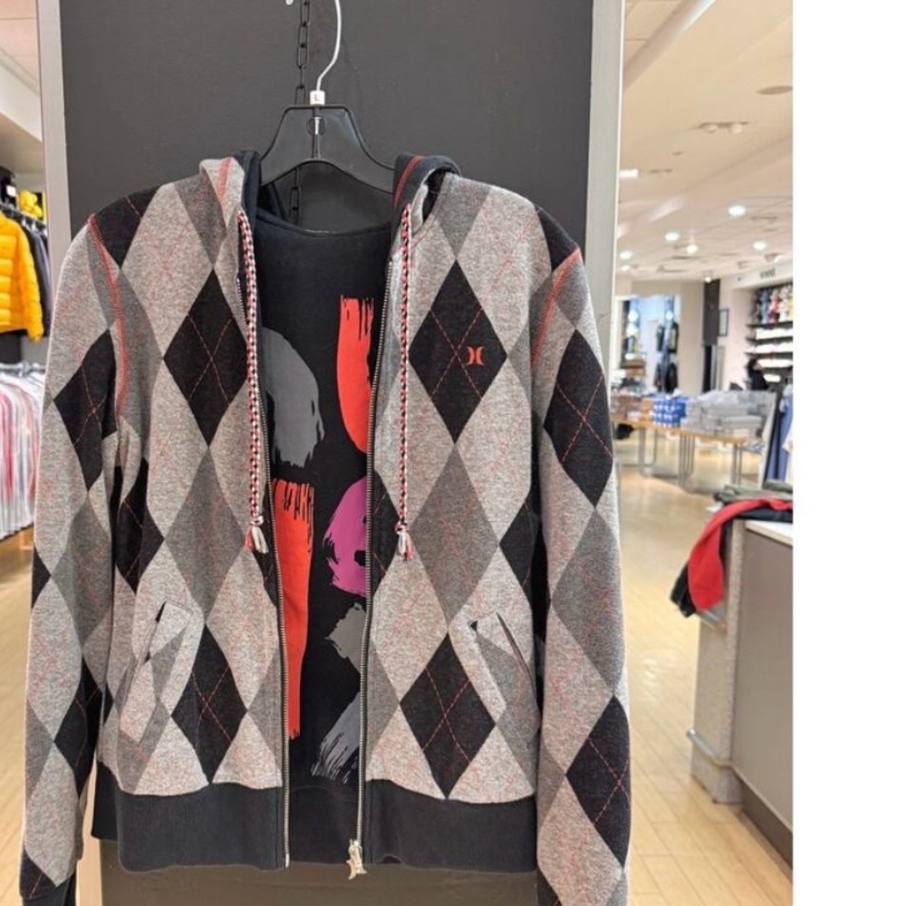 Women's Y2K Hurley Vintage Reversible Argyle Zip Up Sweatshirt Hoodie Surf Skate